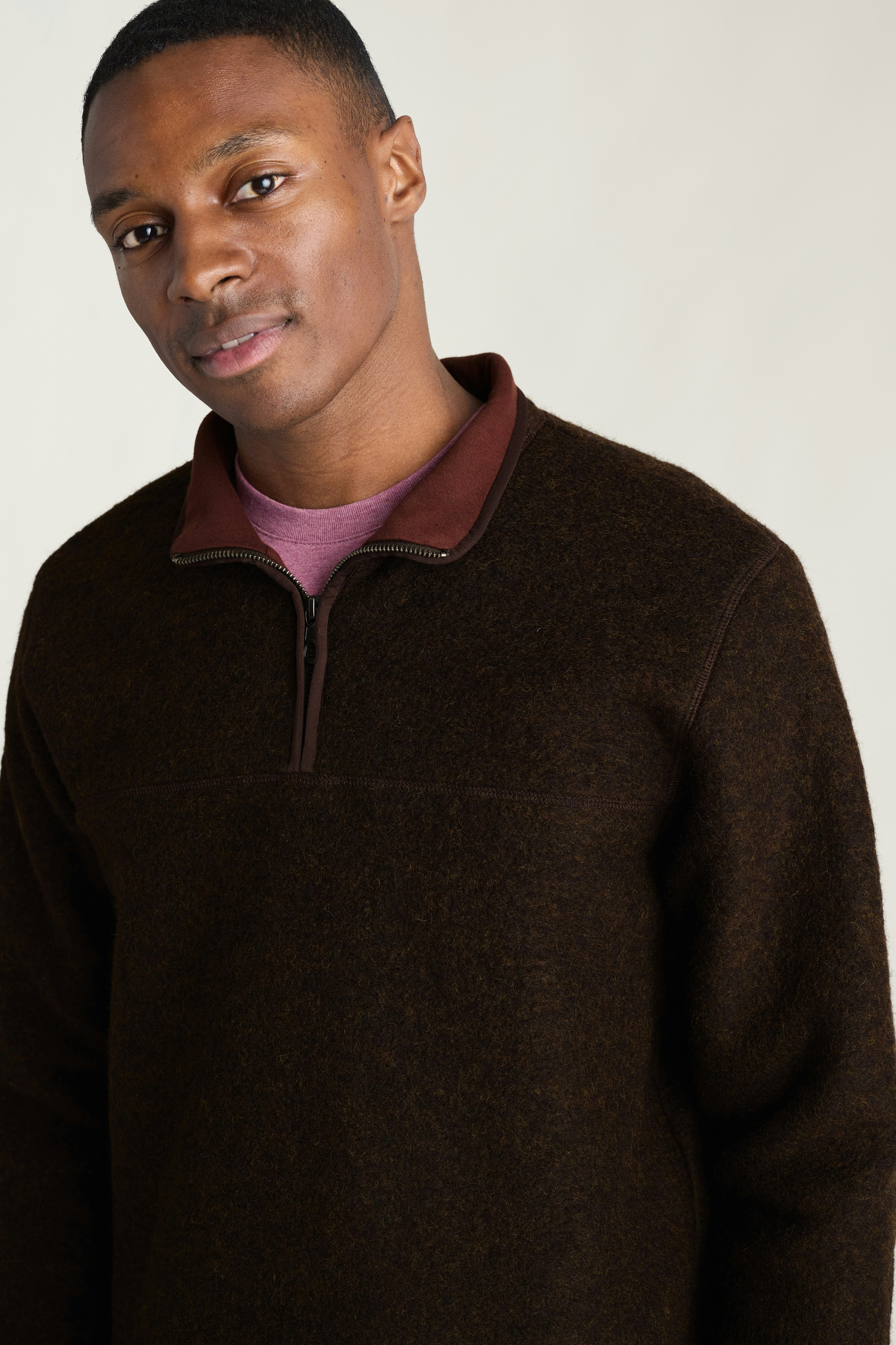 Italian Wool Fleece Quarter Zip rich brown