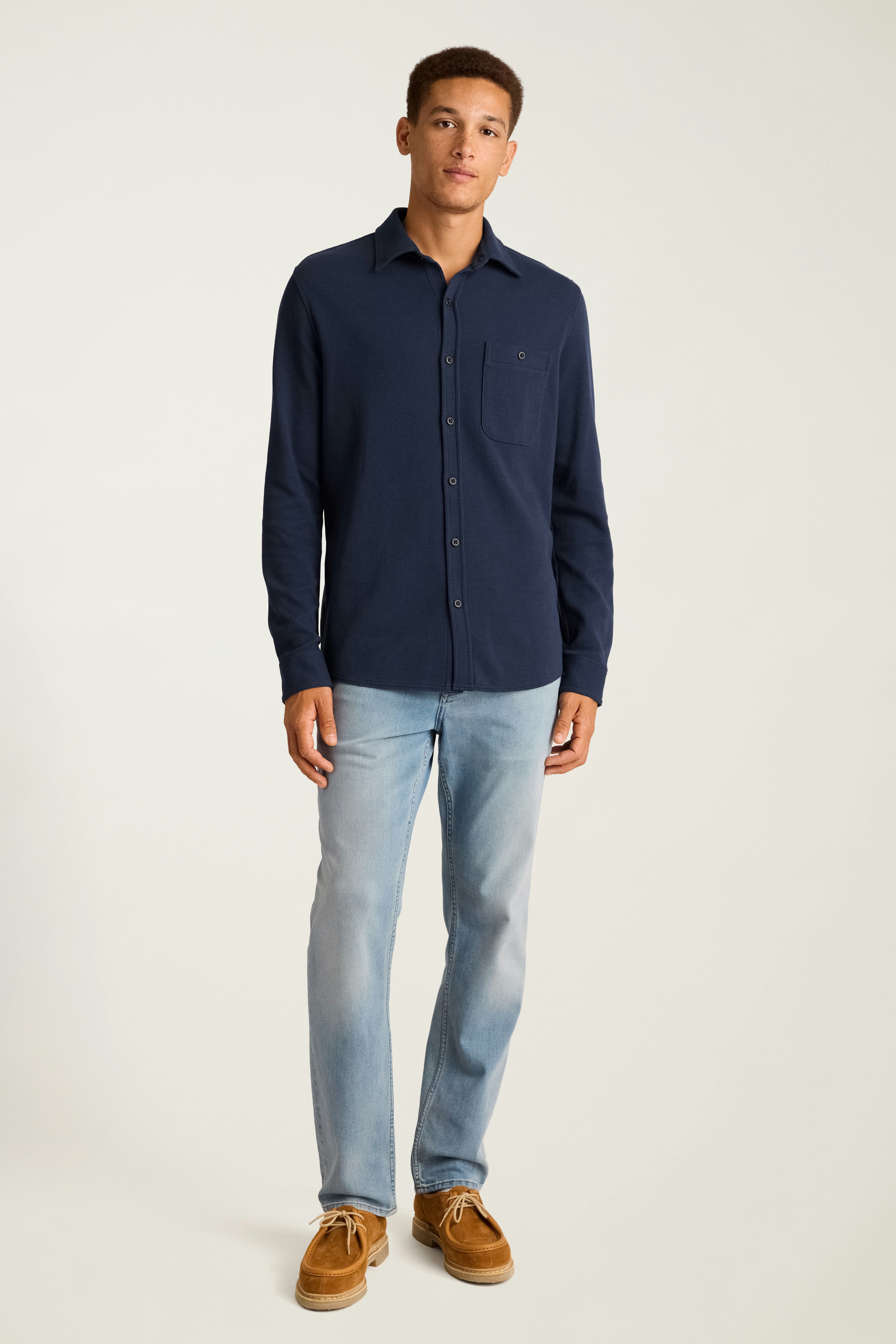 Waffle Button Down Shirt navy blue