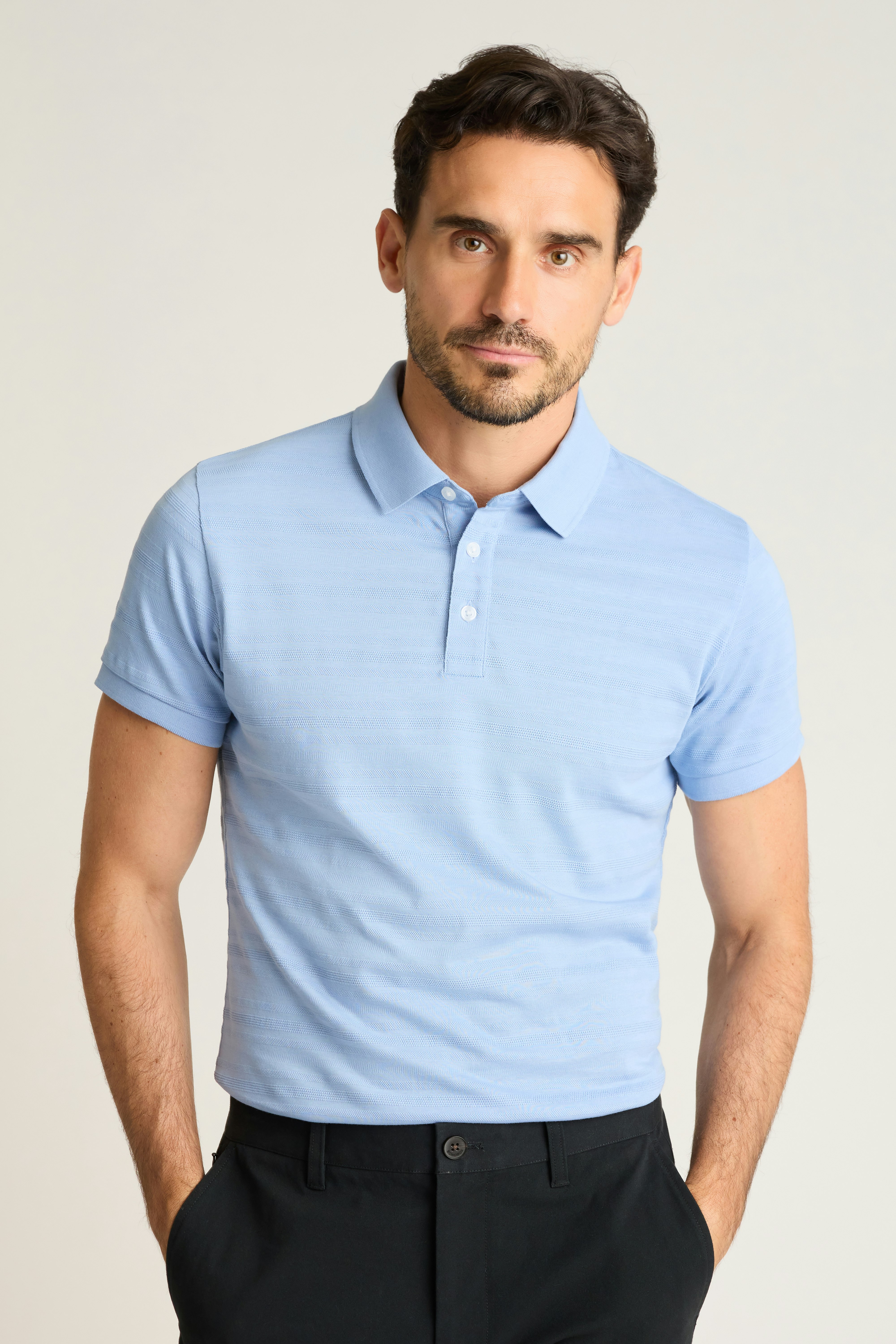 Stretch Pique Polo light blue texture stripe