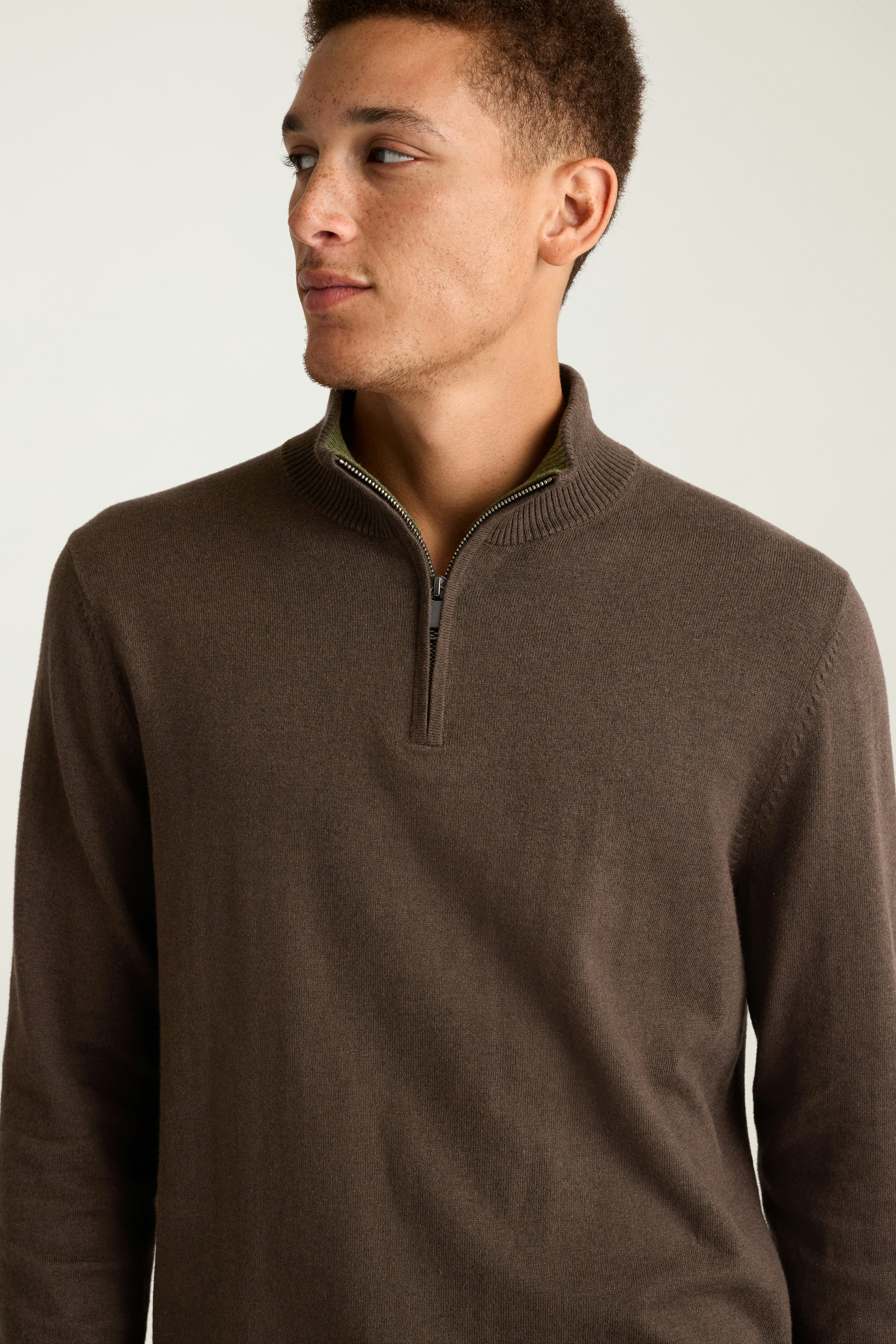 Washable Cotton Cashmere Quarter Zip deep brown