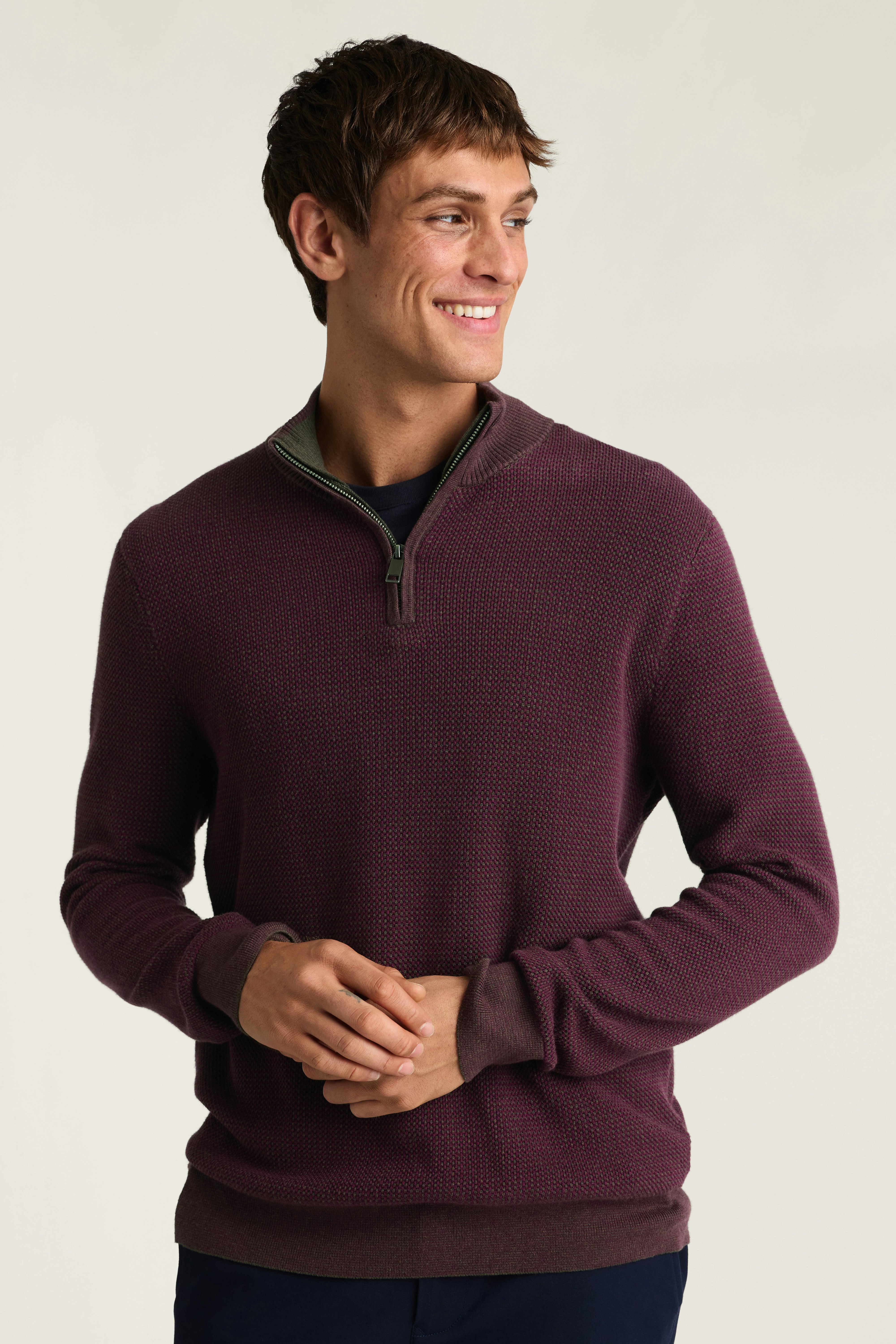 Washable Cotton Cashmere Quarter Zip burgundy feeder stripe