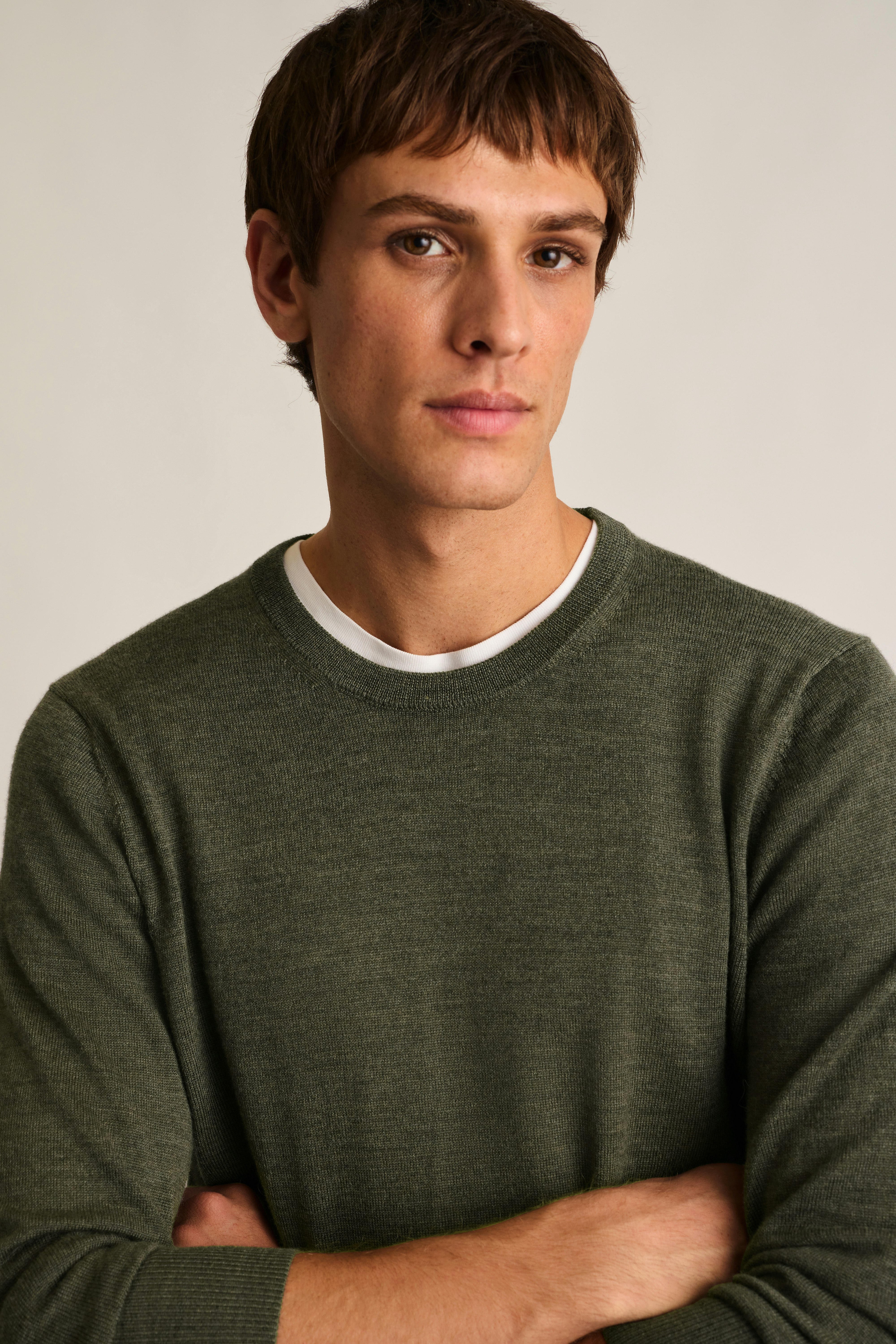 Washable Merino Crew Neck Sweater olive green heather