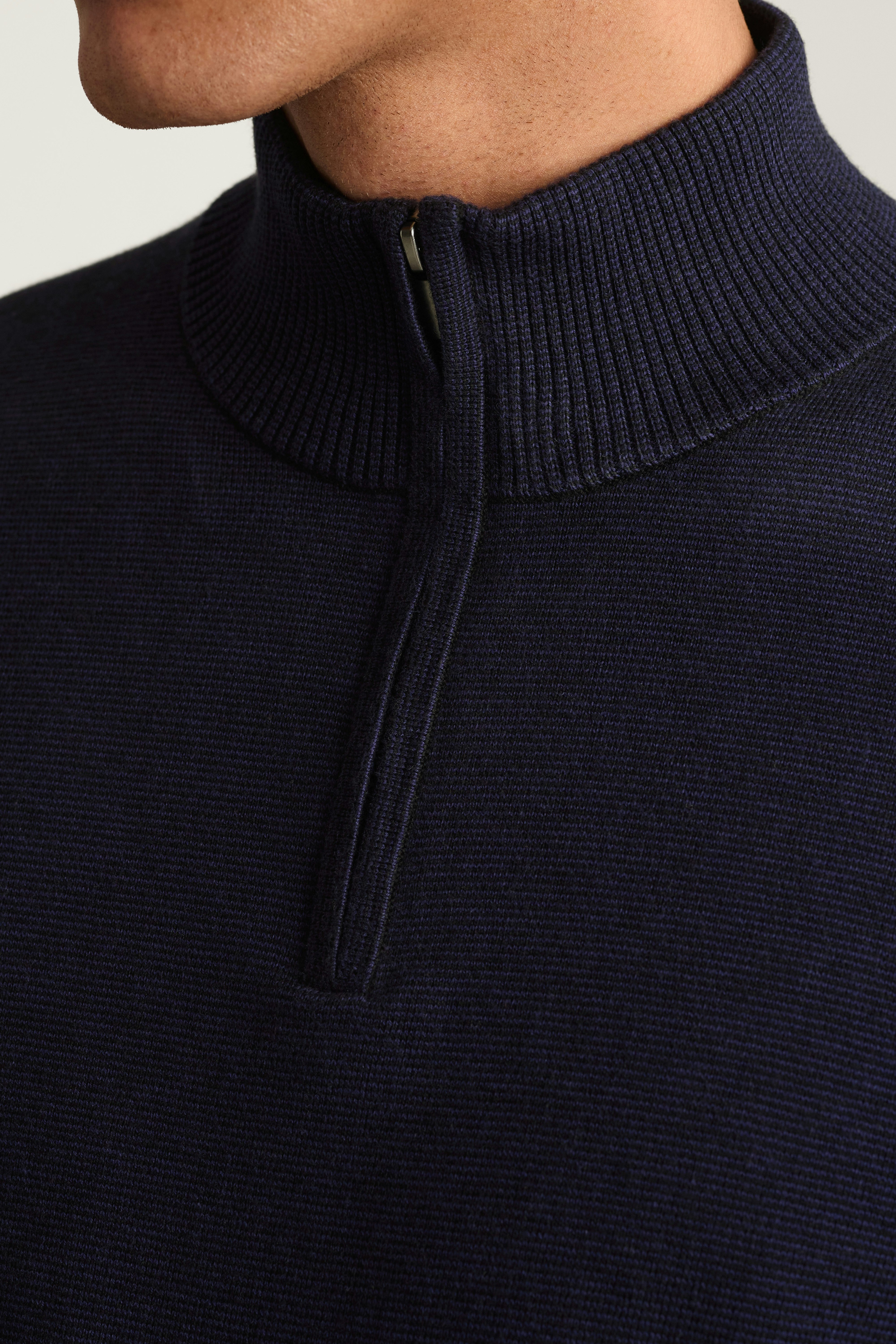 Washable Cotton Cashmere Quarter Zip navy blue feeder stripe