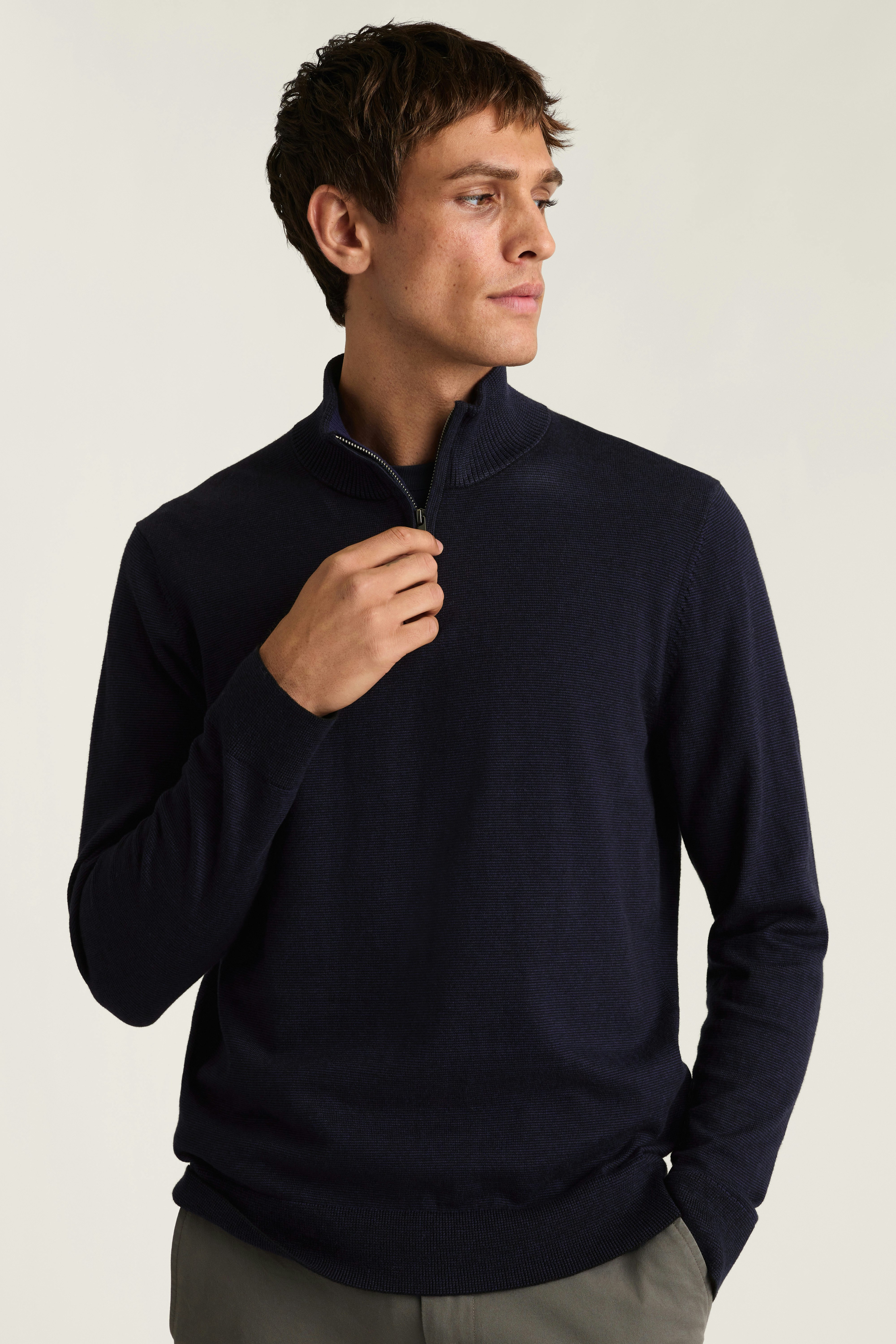 Washable Cotton Cashmere Quarter Zip navy blue feeder stripe