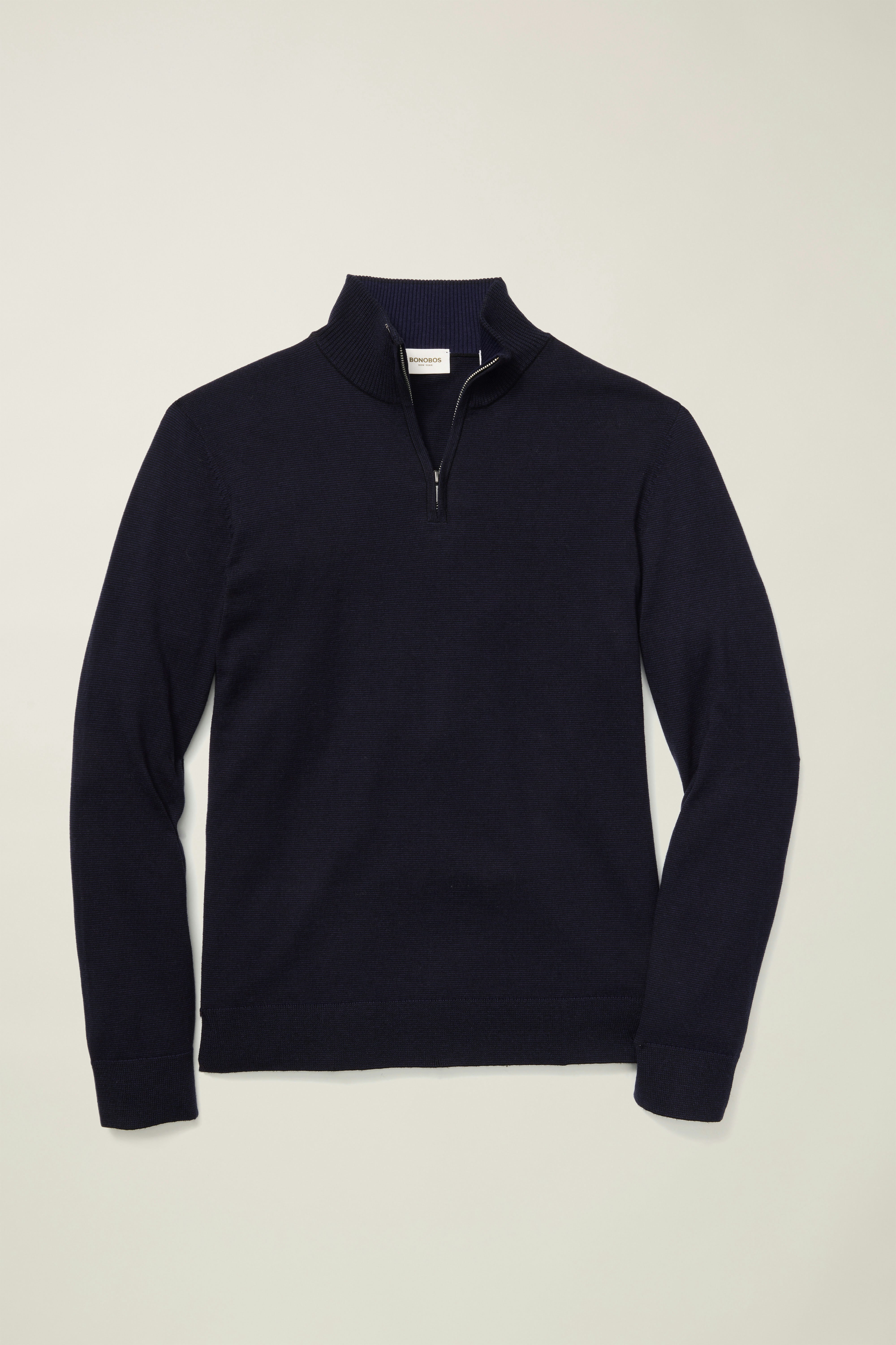 Washable Cotton Cashmere Quarter Zip navy blue feeder stripe