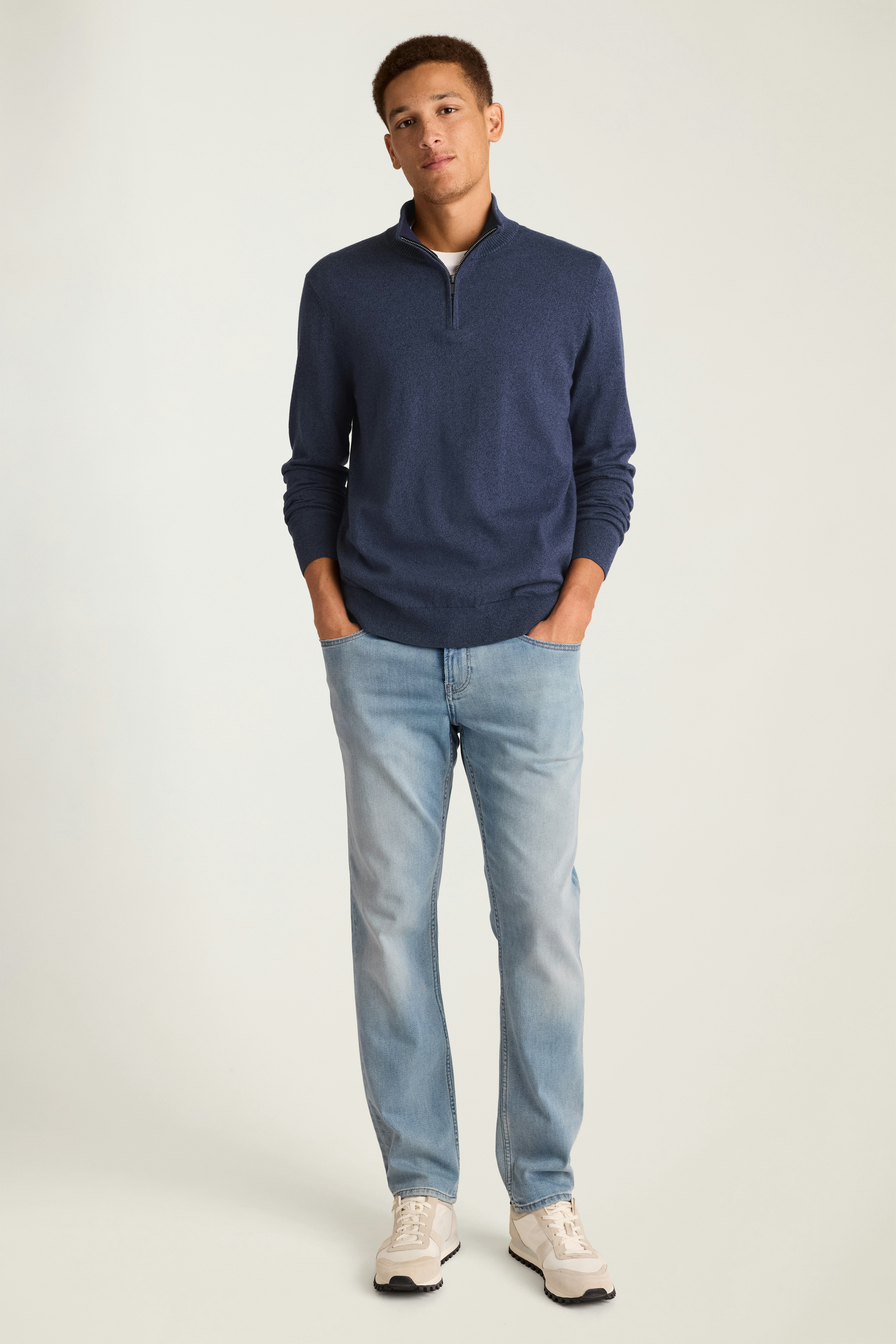Washable Cotton Cashmere Quarter Zip mid blue marl