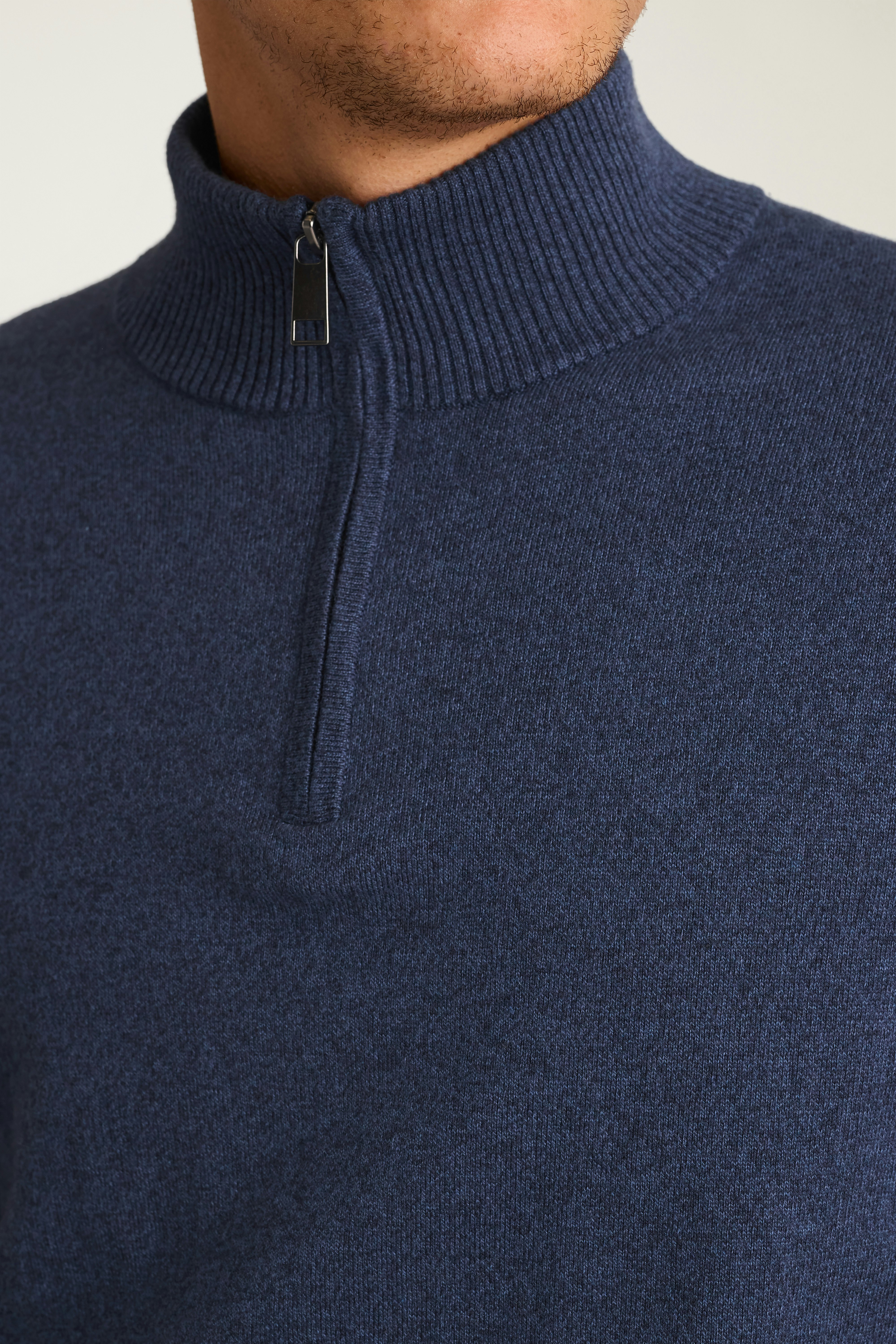 Washable Cotton Cashmere Quarter Zip mid blue marl