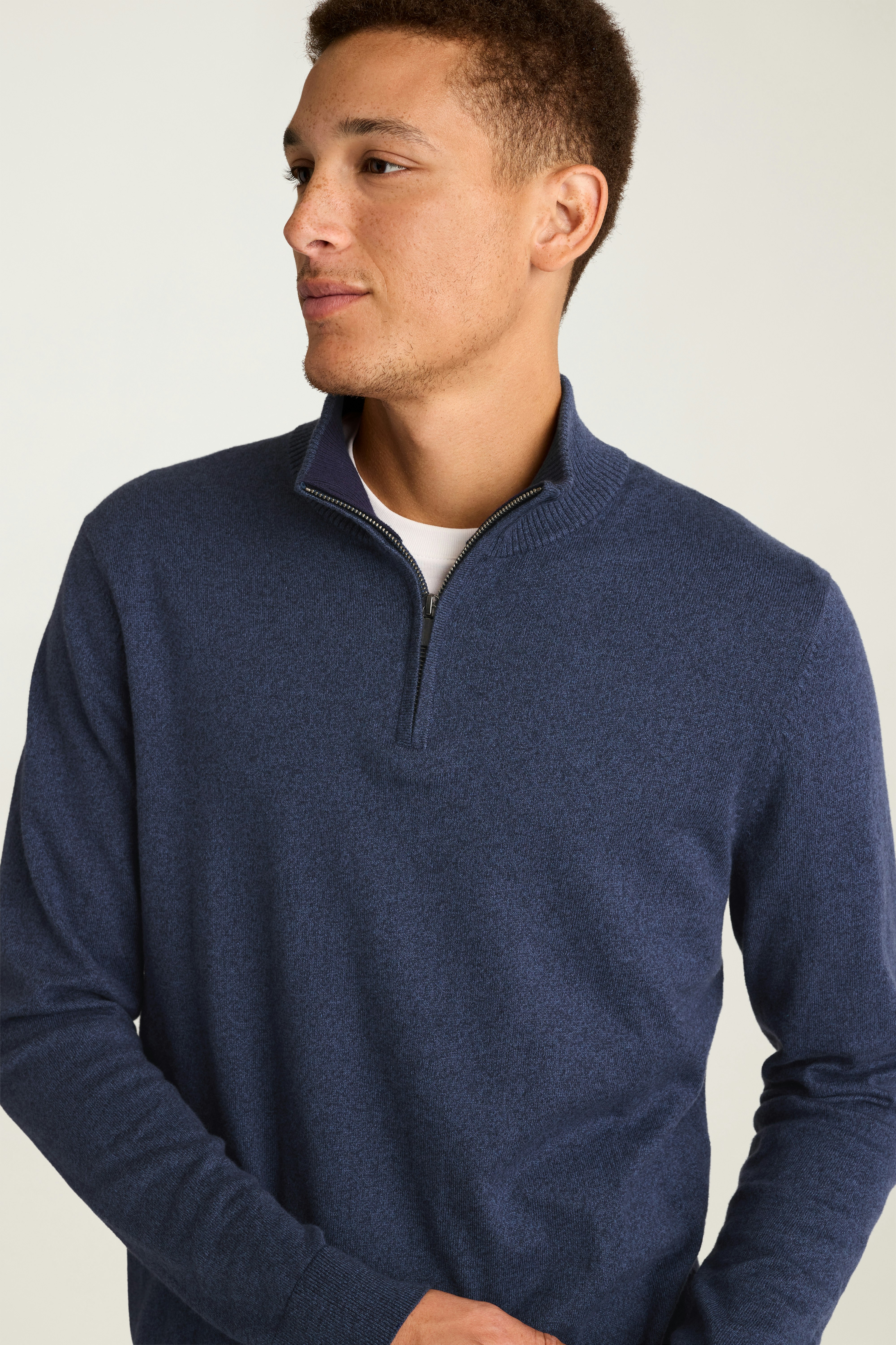 Washable Cotton Cashmere Quarter Zip mid blue marl