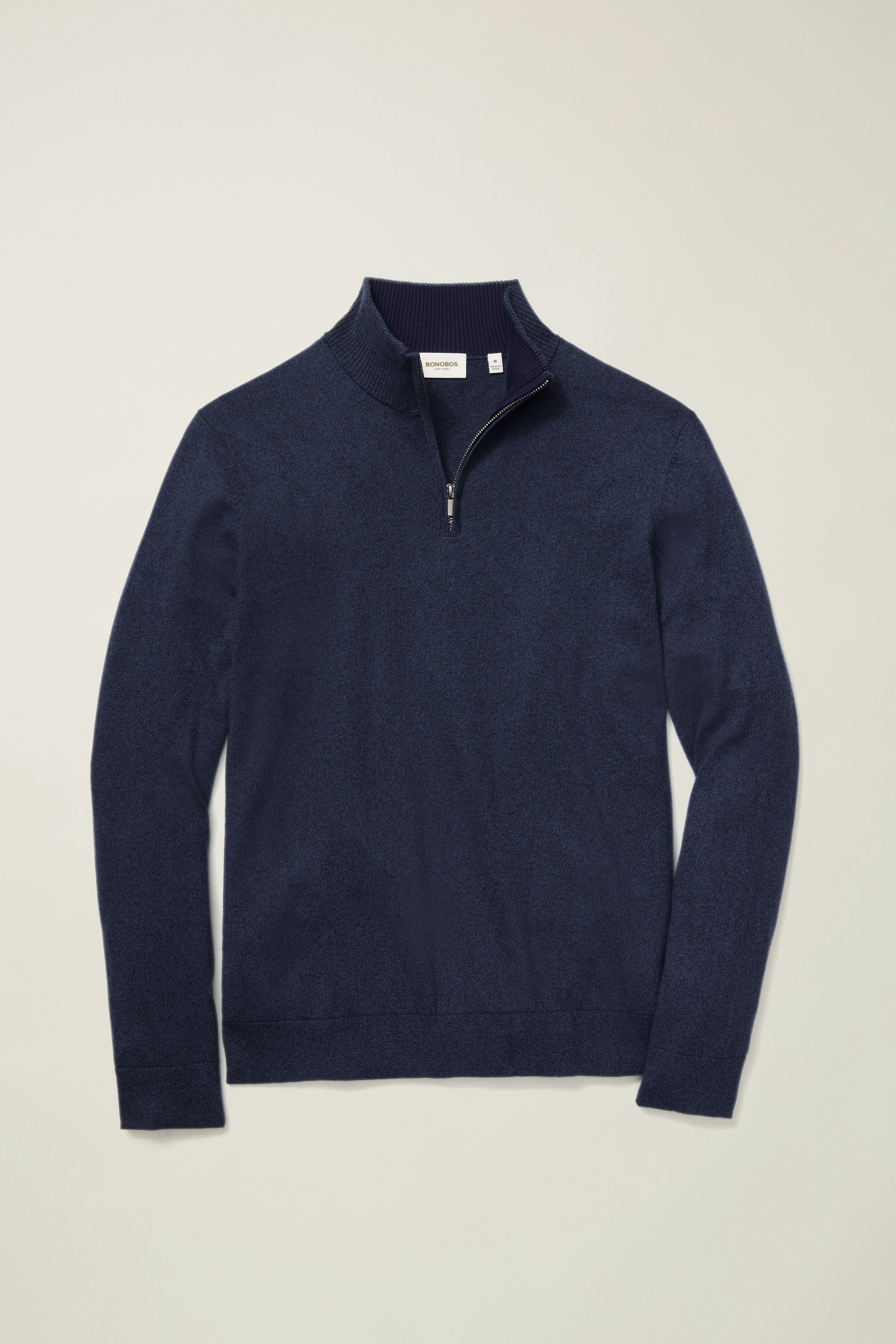 Washable Cotton Cashmere Quarter Zip mid blue marl