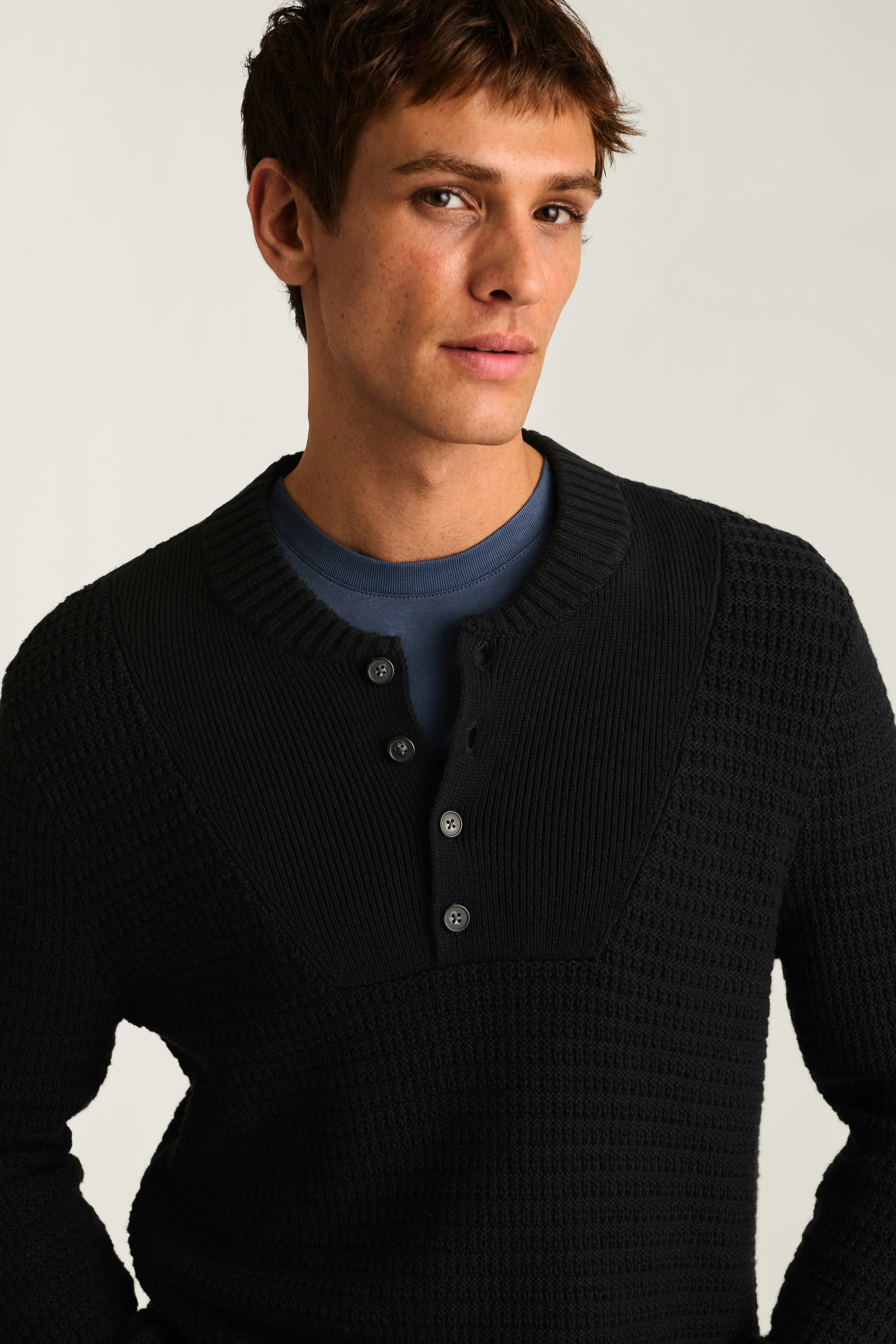 Cotton Cashmere Henley Sweater black