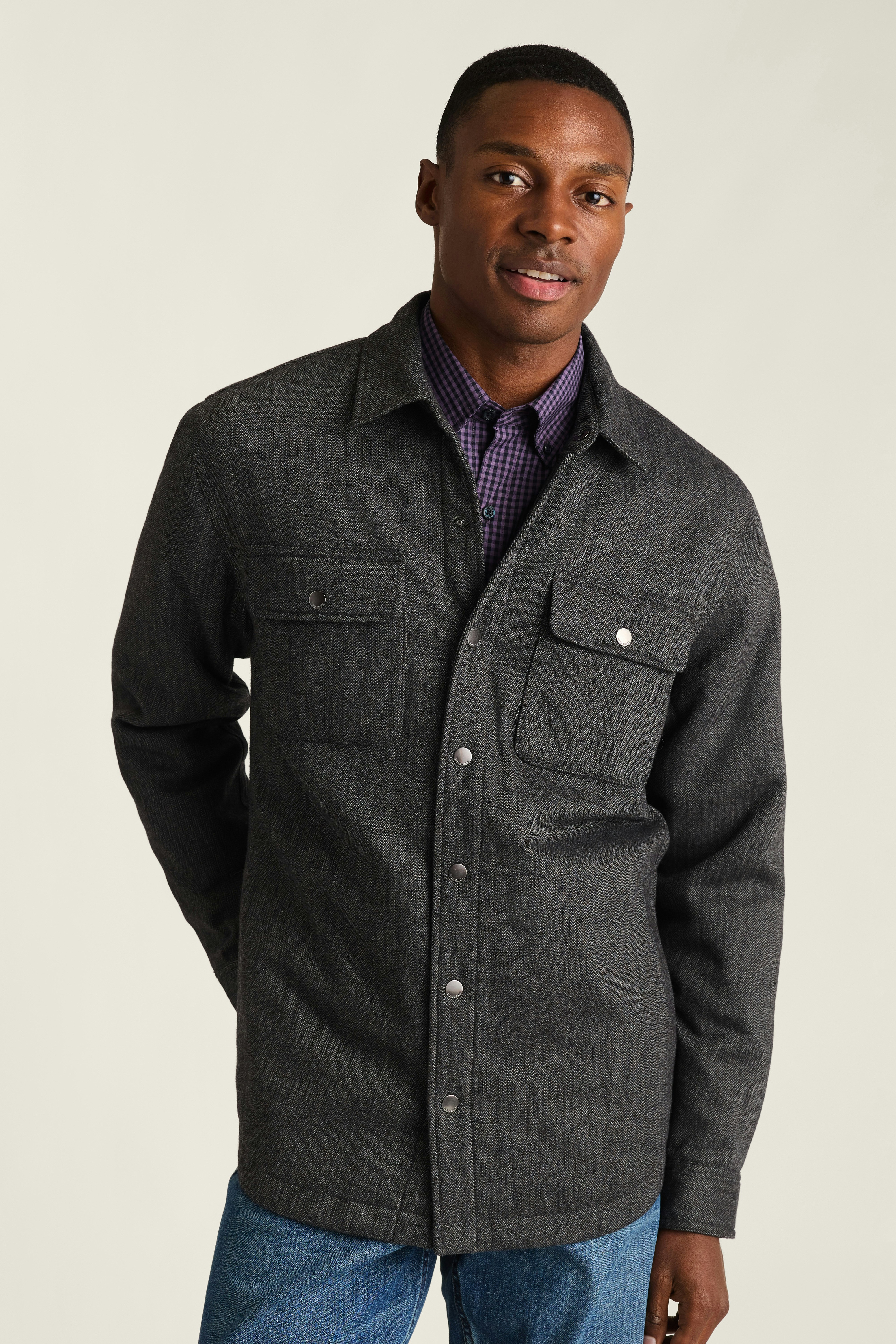 Italian Brushed Twill Shacket grey herringbone