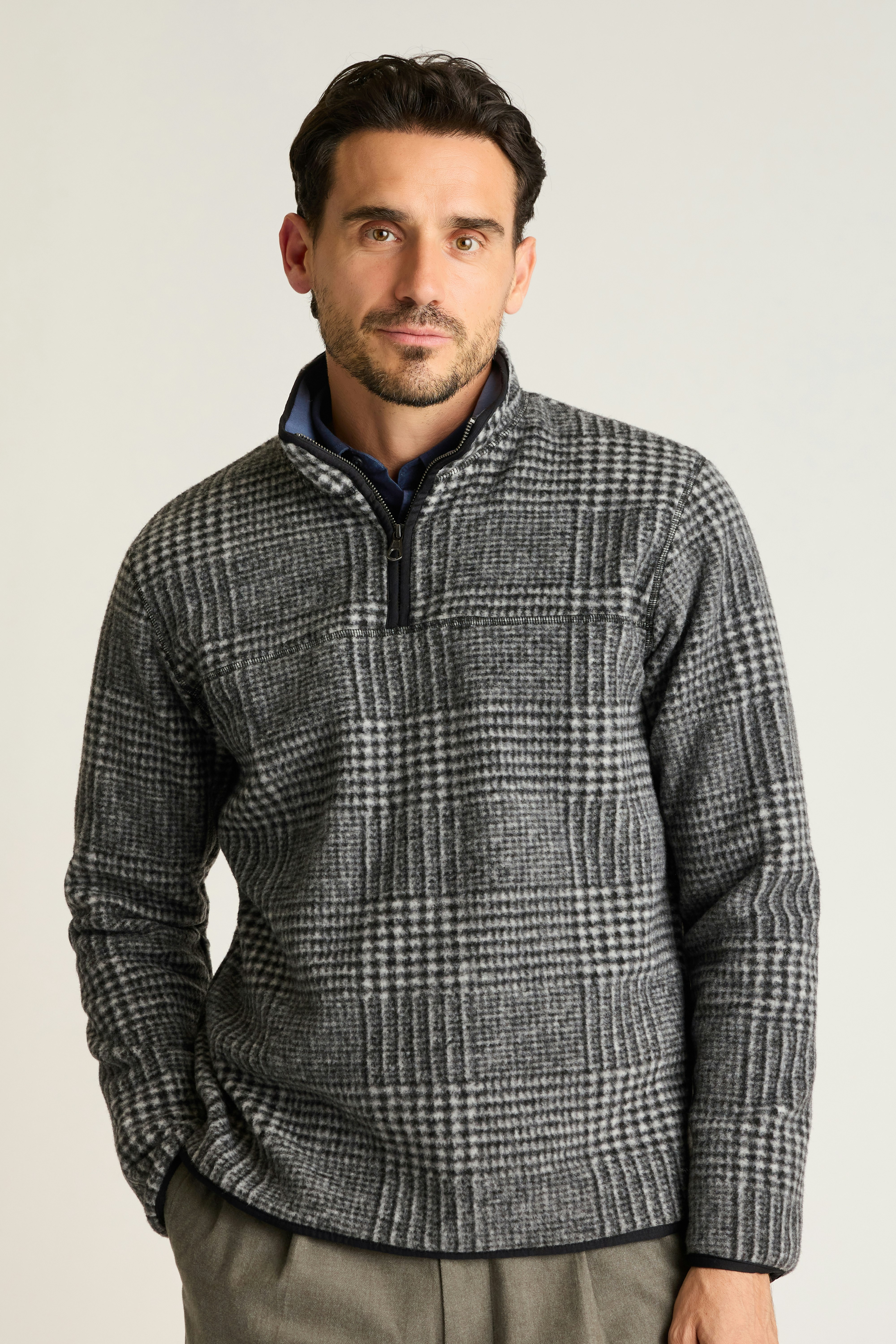 Italian Wool Fleece Quarter Zip grey glenplaid