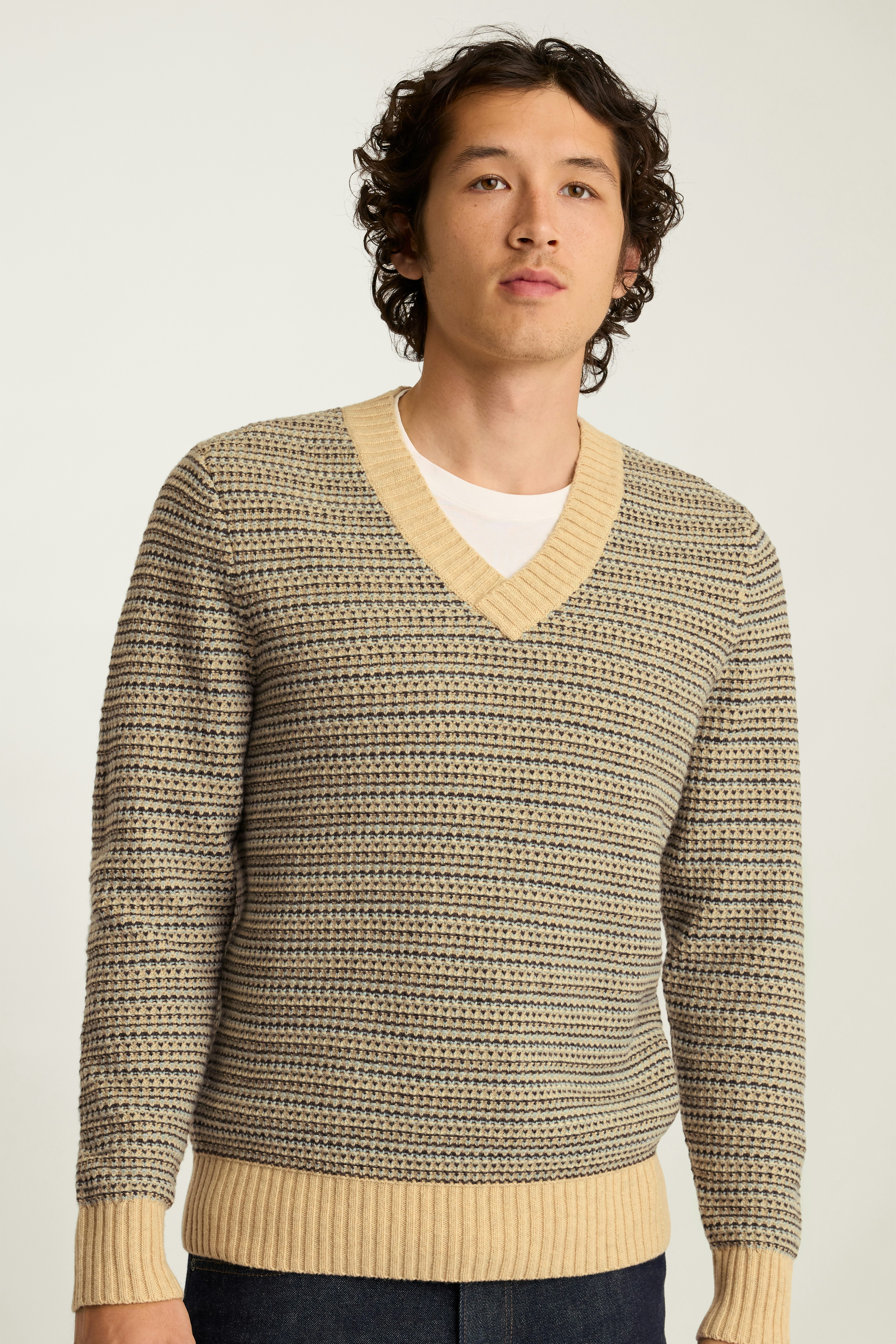 Tricolor V Neck Sweater oatmeal tricolor stripe