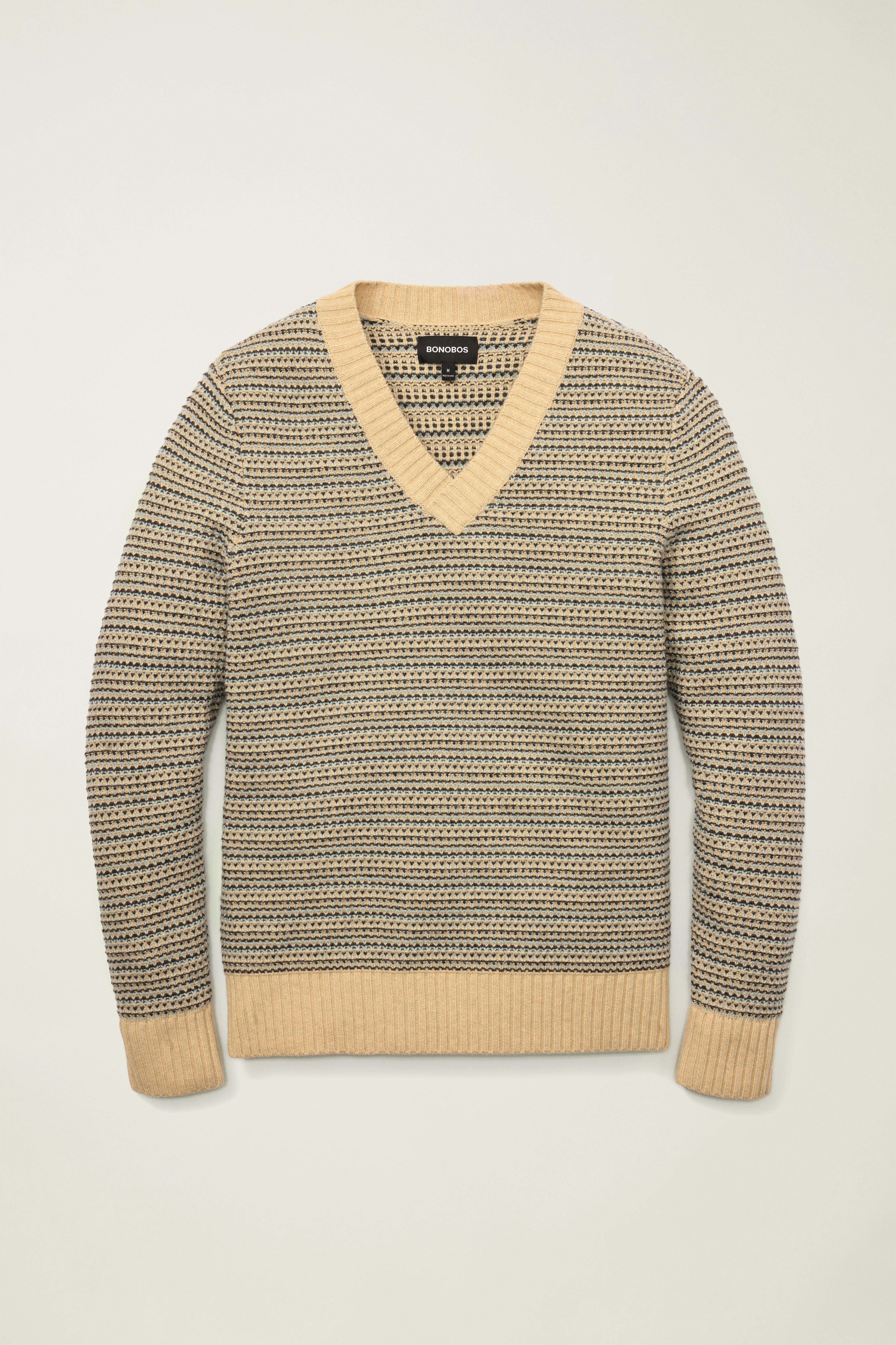 Tricolor V Neck Sweater oatmeal tricolor stripe