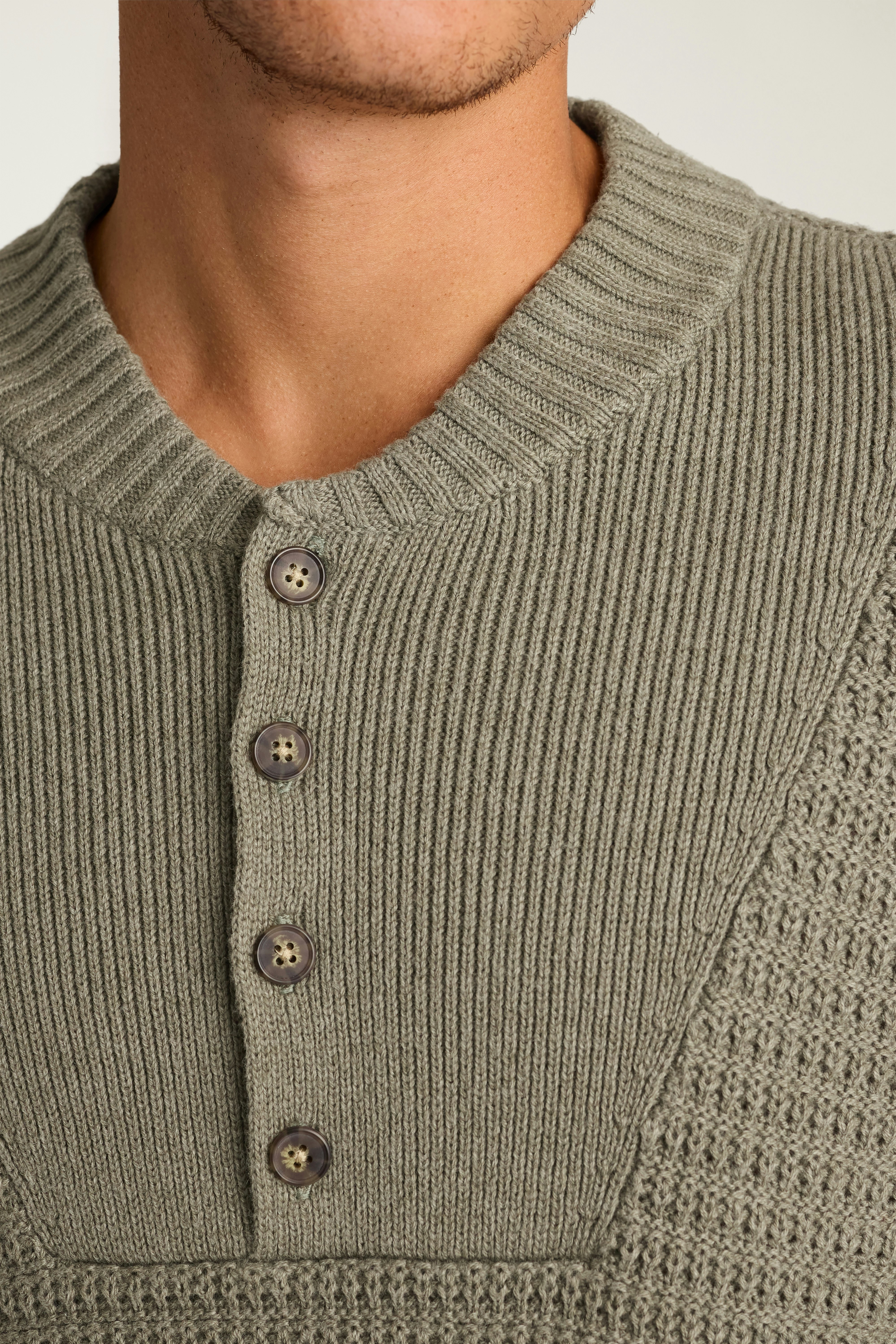 Cotton Cashmere Henley Sweater light olive green