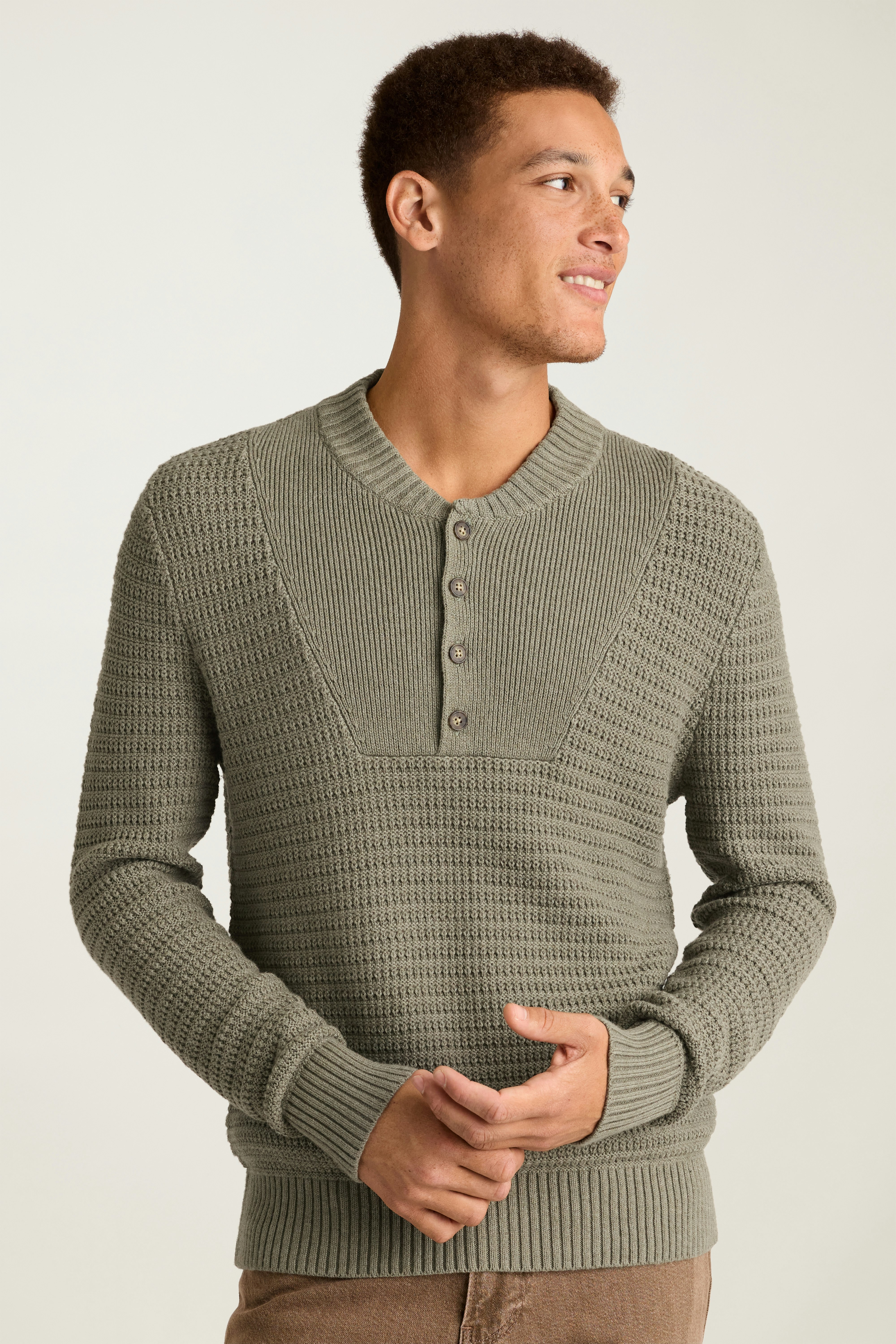 Cotton Cashmere Henley Sweater light olive green